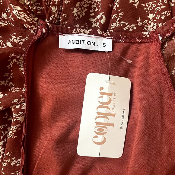 Ambition Women Autumn Floral Long Sleeve Rouched Midi Dress Semi Sheer Size S - Picture 10 of 12